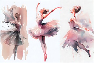 Watercolor isolated dancing ballerinas. Hand-drawn classic ballet performance. generative ai, Painting set of young women in pink dress.
 - obrazy, fototapety, plakaty
