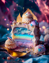 アイスクリームとケーキのデザート、generative ai、虹色のカラフルなバースデー ケーキ