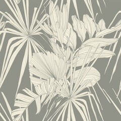 Exotic fan palm bananas leaves illustration. Light pastel vintage green seamless pattern.