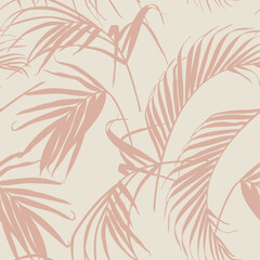 Cotton fabric Nature seamless pattern. Hand drawn tropical summer background: pink abstract palm tree leaves on creamy background.