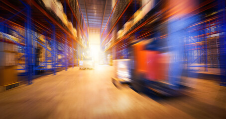 Speed Motion of Workers Unloading Package Boxes in Storage Warehouse. Electric Forklift Pallet Jack...