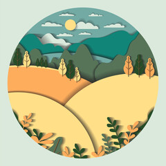 3d vector paper cut landscape with mountains, hills, field, tree, forest, lake, sky, clouds, sun. Cartoon illustration minimal handicraft style. Modern layout concept for background, poster, card
