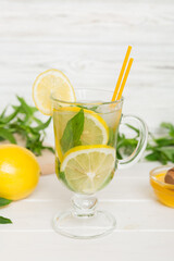 Mojito cocktail. Refreshing mojito cocktail with lime, lemon and mint in a tall glass with a stick