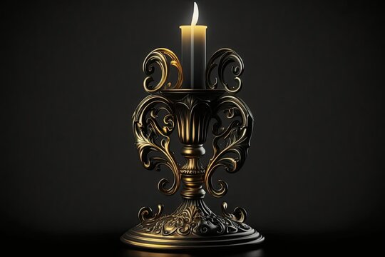 , a picture of a candlestick in flames resting in an antique brass candle holder against a black wooden background. Generative AI