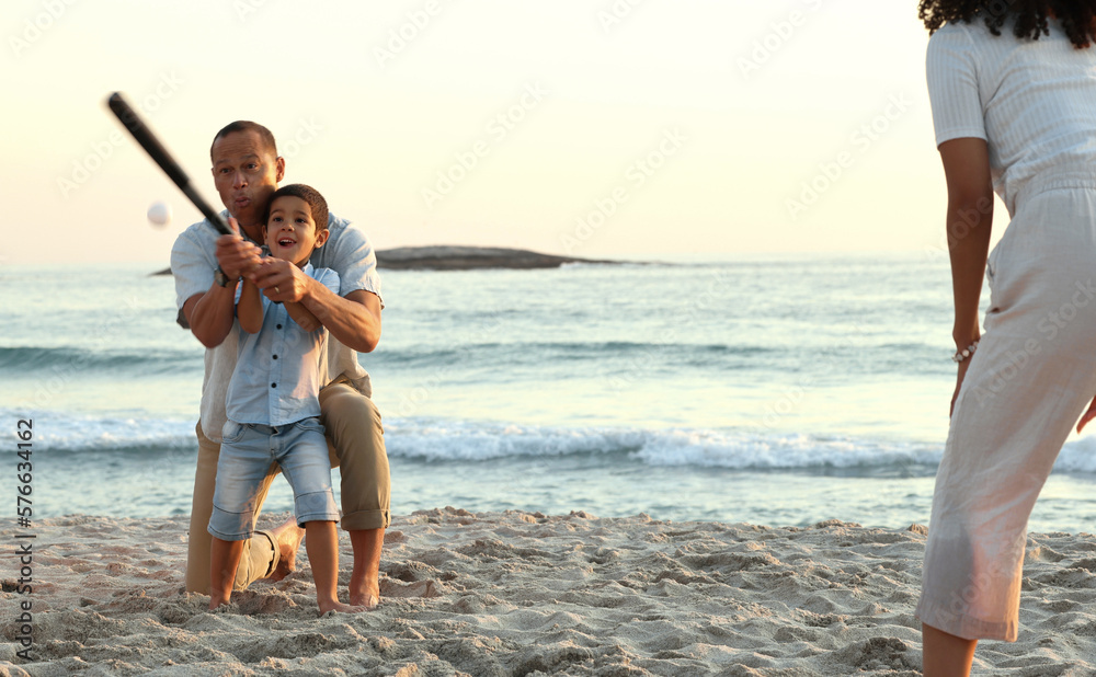 Poster Family, baseball and boy play at beach, having fun and enjoying holiday together. Care, sunset and mother with happy grandfather playing sports with kid or child and bonding by ocean or seashore.