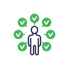Employee is approved for job. Successful interview. Man with check marks. Modern vector illustration.