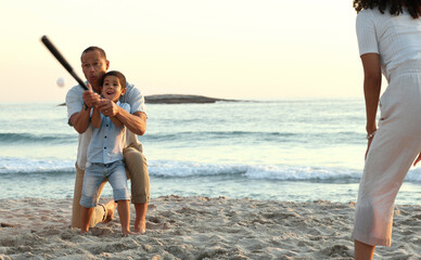 Family, baseball and boy play at beach, having fun and enjoying holiday together. Care, sunset and...