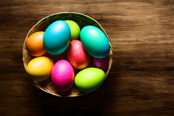 Fototapeta na wymiar Easter eggs on the wood background. Generative AI.