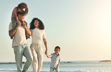 Happy, summer and walking family on the beach for travel, bonding and quality time in Brazil. Mockup, together and parents with children on a walk by the ocean for playing, vacation and break