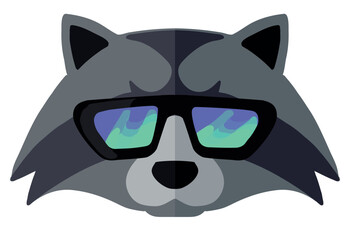Flat icon raccoon head in sunglasses isolated on white background. Flat logo. Vector illustration.