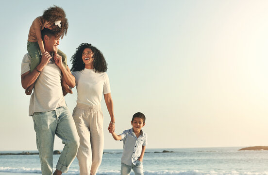 Happy, summer and walking family on the beach for travel, bonding and quality time in Brazil. Mockup, together and parents with children on a walk by the ocean for playing, vacation and break