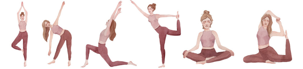 Girls doing yoga, in pink and burgundy costumes, painted with aquapel, on a white background, for your design