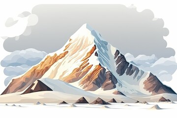 A snow capped mountain stands alone against a blank white landscape. Generative AI