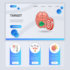 Naklejka premium Target flat landing page website template. Psychology, skill, mindpower. Web banner with header, content and footer. Vector illustration.