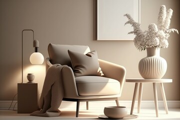 Modern armchair in minimalistic interior in beige monochrome tones, Generative AI