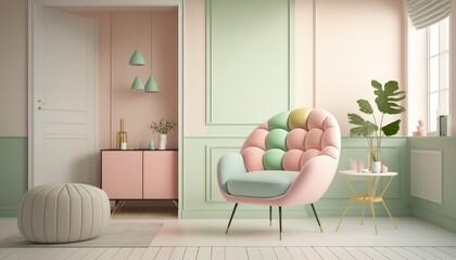 Modern armchair in minimalistic interior in pastel monochrome tones, Generative AI
