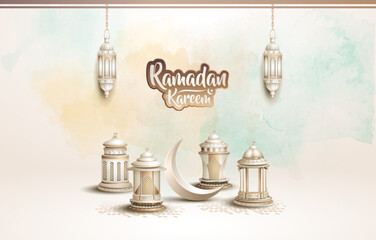 islamic greeting ramadan kareem card design background with beautiful lanterns and crescent - obrazy, fototapety, plakaty