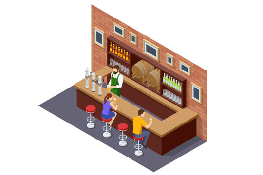 Isometric Beer bar counter. Interior of pub or bar. Beer bar, the bartender pours beer, guests sit at the bar.