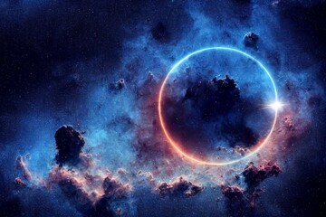 Fototapeta na wymiar Space background. Blue cloud nebula with star field and sun. Digital painting. Generative AI