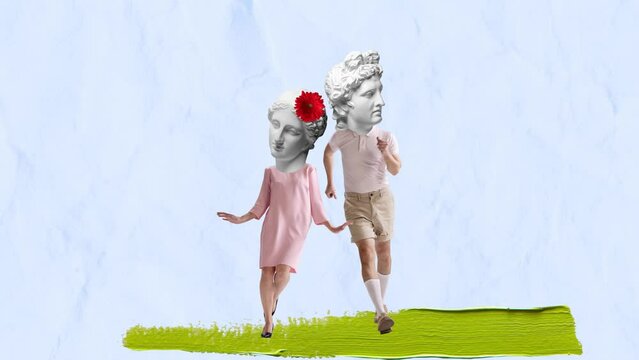 Stop motion, animation. Modern contemporary design. Couple headed with ancient statue heads dancing, walking on light background. Retro style. Inspiration, idea, relationship. Surrealism.