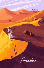 Fototapeta na wymiar Person walking in dry desert alone. Bedouin back, going away with footprints on sand. Peaceful nature landscape with character in dunes, poster card. Freedom concept. Flat vector illustration