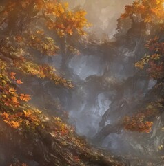 Autumn magic wood at misty day. Oil painting style. Generative AI