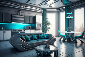 Modern kitchen futuristic interior design with sofa, super photo realistic background, generative ai