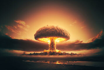 Illustration of landscape witk huge nuclear bomb explosion. Generative AI.