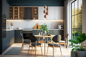 Modern kitchen minimalistic interior design with sofa, super photo realistic background, generative ai