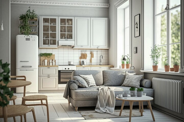Modern kitchen minimalistic interior design with sofa, super photo realistic background, generative ai