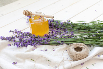 Honey and lavender bouquets. Virus treatment concept. Wooden table.
