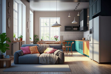 Modern kitchen minimalistic interior design with sofa, super photo realistic background, generative ai