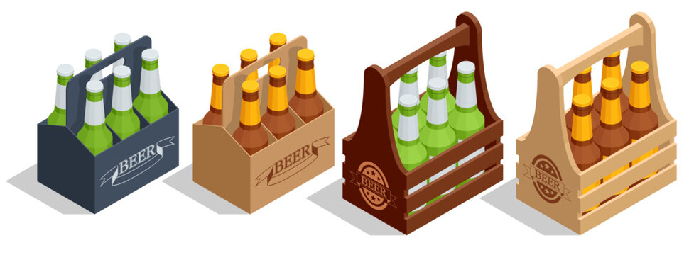 Isometric beer crate with bottles on white. Wooden crate with beer bottles. Pack of beer icon.