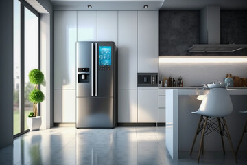 Modern refrigerator on the minimalistic clean kitchen, super photo realistic background, generative ai