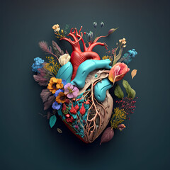 Human Heart with Flowers and Emotion created using generative ai