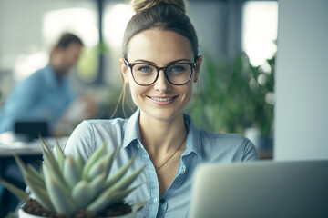 Pretty businesswoman using a laptop while sitting at desk and working at the office. Woman smiling, wearing eyeglasses and shirt. AI generative - obrazy, fototapety, plakaty