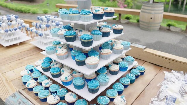 Delicious wedding cake bar. Table of sweets and desserts, cupcakes and cake pops in blue tones, they look delicious.