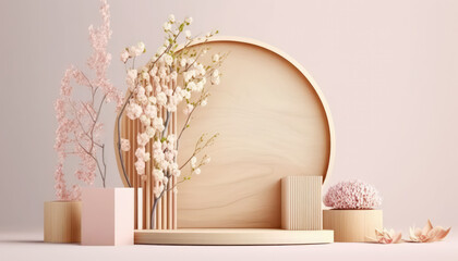 Light wooden empty round podium on a pink background. Sweet flower spring decor on an advertising stand, a showcase for a beauty product. AI Generative Content