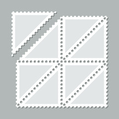 Postagestamps. Post frames. Triangular perforated labels set. Empty postal stamp.Paper postmarks for mail letter. Blank borders isolated on gray background. Vector illustration.
