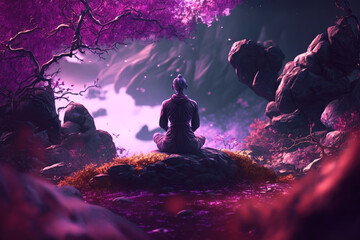 Meditation: Meditating man in a calm atmosphere with a beautiful landscape | Generative AI Production