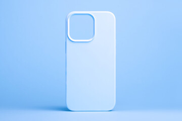 light blue case for iPhone 14 and 13 Pro max isolated on blue background, phone cover mock up in monochrome colours - obrazy, fototapety, plakaty