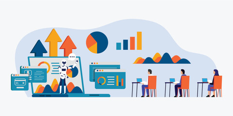 Teacher bot teach financial analysis 2d vector illustration concept for banner, website, illustration, landing page, flyer, etc.