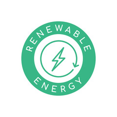 Renewable energy logo with text. Green round badge with lightninig bolt. Sustainable energy sources. Nature power generation arrow. Recycle power resources emblem. Vector illustration, flat, clip art