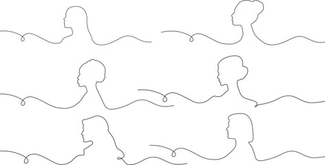 Set of woman faces one line drawing.Woman profile one line.Continuous line of woman face.Hand drawn silhouette of woman face. Abstract woman portrait.	