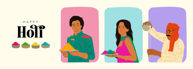 Happy Holi text with an Indian people celebrating Holi illustrations with an isolated background. 