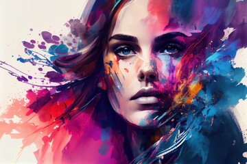 Beautiful woman portrait watercolor painting. Generative AI. © GVS