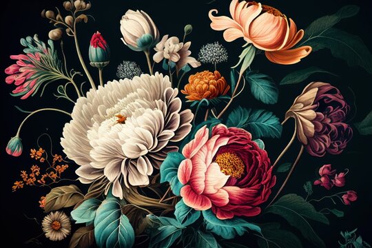Floral pattern painting in vintage style. Generative AI