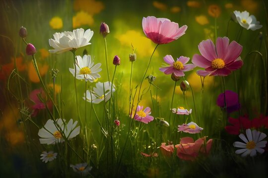 Beautiful colorful meadow of wild flowers. Generative AI