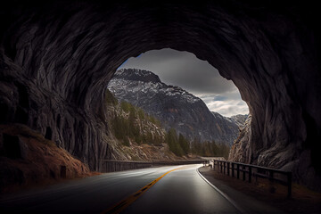 The road goes through a tunnel in the rocks of Scandinavia. AI generated