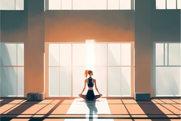 Young woman sits in a Yoga Pose and meditates at home, in a large empty room with big window